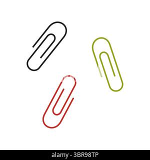 Paper clip icon set. Office paper clip in black, red, green colors. School supplies. Stationery elements. Vector Illustration isolated on white. Stock Vector