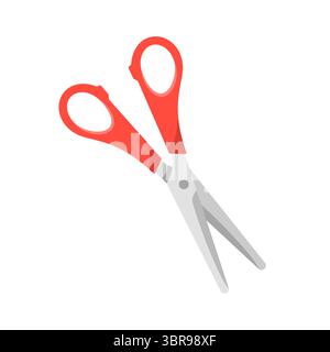 School scissors open, red handled scissors. Vector isolated on white. Sewing concept. Cartoon style, flat design. Professional hairdressing scissors. Paper kids scissors Stock Vector