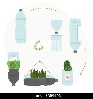 Scheme of DIY plastic bottle planters on white background. Vertical garden, urban farming concept. Hand-drawn vector illustration. Stock Vector