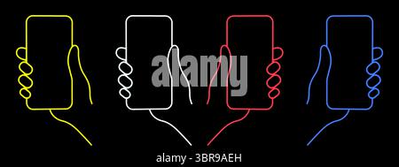a neon-like outline of a hand holding a smartphone against a black background Stock Photo