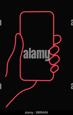 a neon-like outline of a hand holding a smartphone against a black background Stock Photo