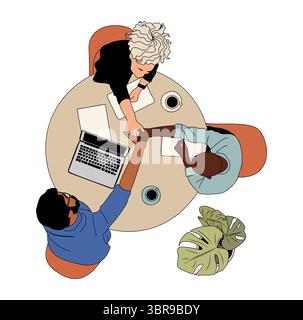 Diverse team meeting at round table, top view Stock Vector