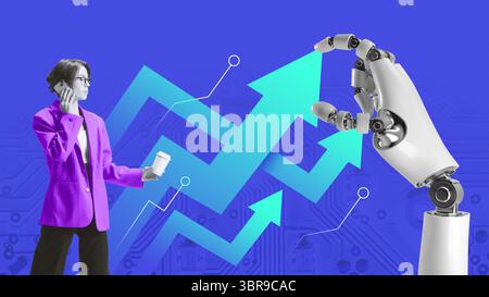 Bold colorful poster. 3D robot hand interacts with businesswoman on neon gradient background Stock Photo