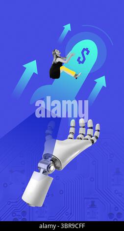 Graphic composition. 3D robot hand launching woman on rocket toward finance growth, on neon gradient background Stock Photo