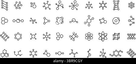 Linear chemical structure icons. Molecular formula diagrams and atomic bond connection, compound structures, scientific research and laboratory Stock Vector