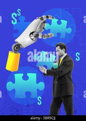 Bold collage with 3D robot hand placing puzzle piece with thoughtful businessman Stock Photo