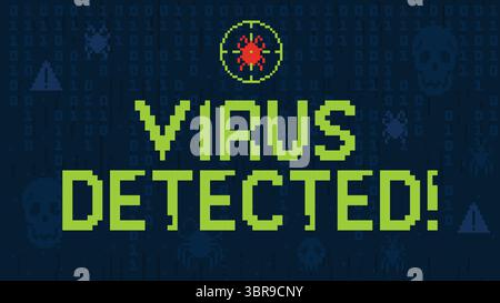 Pixelated virus detection alert screen. Pixel art cybersecurity warning, computer malware notification with threat target crosshair and binary code Stock Vector