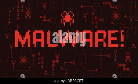 Malware alert pixel art screen. Computer virus warning, pixelated cybersecurity threat notification with bug icons, binary code and spider symbol Stock Vector
