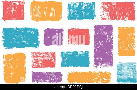 Grunge paint texture rectangular templates. Distressed shapes with brush strokes, rough edged paint stamp and vintage printing effect abstract vector Stock Vector