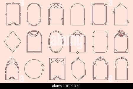 Linear boho frames. Minimalist geometric line art borders in rectangular, oval, arched and diamond shapes. Elegant borders decorative elements vector Stock Vector