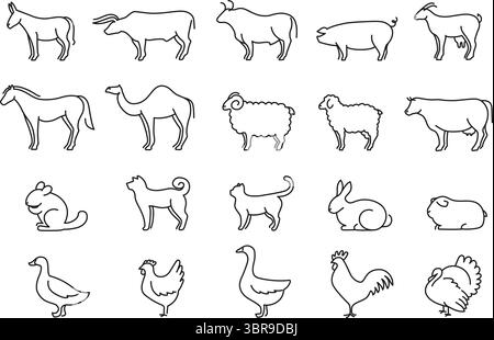 Linear farm and domestic animals. One continuous line donkey, bull, pig, goat, horse and camel. Sheep, lamb and cow. Dog, cat and guinea pig pets Stock Vector