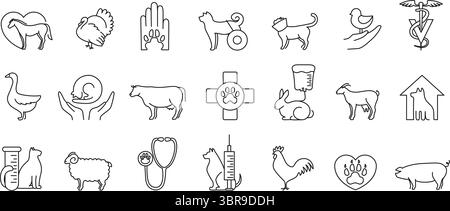 Linear veterinary icons. Animal care and hospital, continuous one line pet health services, stethoscope with paw and veterinary clinic isolated vector Stock Vector