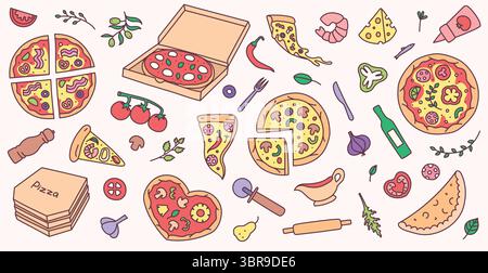Hand drawn pizza. Italian calzone, pizza box with margherita, topping ingredients, cartoon sliced pizzas and kitchen tools. Colorful doodle isolated Stock Vector