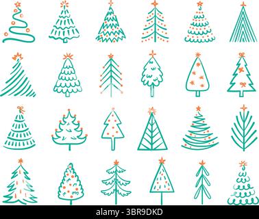 Hand drawn christmas tree. Festive winter holiday tree doodles with decorative stars and ribbon bows. Abstract Xmas ornament, minimalist isolated Stock Vector