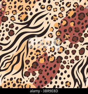 Mixed animal skin pattern. Seamless wildlife leather texture combining leopard spots and zebra stripes. Creative blend of animal markings, print for Stock Vector