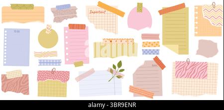 Washi tape notes. Notepaper and decorative tapes, to do list, clipped and taped paper for scrapbooking, planners and memo boards designs. DIY craft Stock Vector