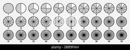 Segmented circles. Circular segmentation diagrams with varying numbers of segments, pie charts and fractions visualization. Slice graphs for data Stock Vector
