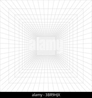 Room with 3D square wireframe grid. Hall, studio, portal in perspective. Cyberspace abstract background. Digital hallway space. Mesh in 3D dimension Stock Vector