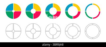 Donut charts, pies segmented on 4 equal parts. Infographic multicolored set. Circle graphs divided in four sections. Pie chart round icons. Wheel life Stock Vector