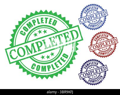 A Project Completed Stamp Icons, Grunge Style Finished Task Labels Stock Vector