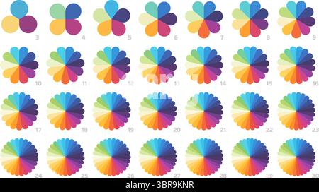 Infographic segmented flower pie graphs. Petal color wheels, multicolored circular segment diagram and divided radial chart for infographics, data Stock Vector