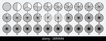 Segmented circles. Circular segmentation diagrams with varying numbers of segments, pie charts and fractions visualization. Slice graphs for data Stock Vector