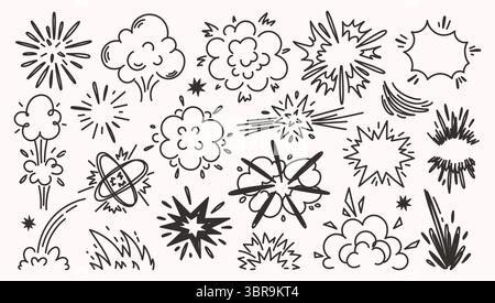 Doodle comic boom effect. Cartoon explosion clouds, hand drawn burst and sketch energy blast explosions. Comics style bang, fire and smoke visual Stock Vector