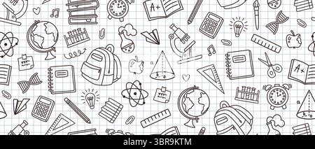 School notebook doodles pattern. Back to school background with notebooks, backpack and globe. Seamless hand drawn educational doodle for classroom Stock Vector