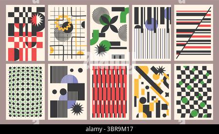 Abstract geometric posters. Contemporary art checkered backgrounds, decorative modern patterns with grid stripes. Trendy wall decor for branding Stock Vector