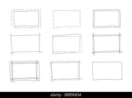 Set of hand drawn rectangle frames. Simple doodle rectangular shapes. Scribble square text box. Highlighting elements. Lined border. Vector graphic Stock Vector