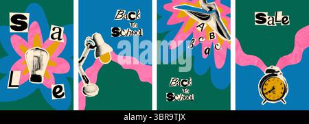 Back to school halftone collage banners set vector illustration Stock Vector