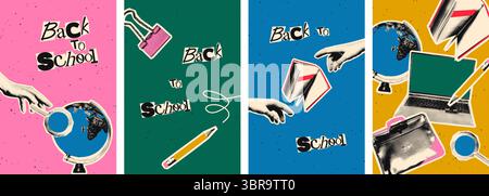 Back to school halftone collage banners set vector illustration Stock Vector