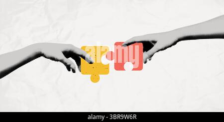 Hands connecting jigsaw puzzle halftone collage vector illustration Stock Vector