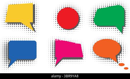 Set of colorful speech bubbles with halftone effect. Abstract shapes for message, text, phrase, quote. Dialog box. Conversational speech bubble Stock Vector