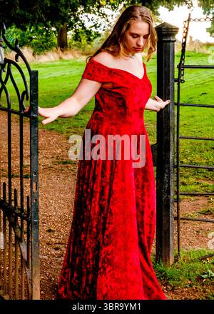 A woman in a red dress stands near a gate. Stock Photo
