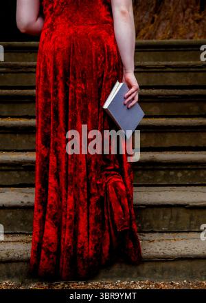 A person wearing a long red dress is standing on a set of stone steps, holding a book. Stock Photo