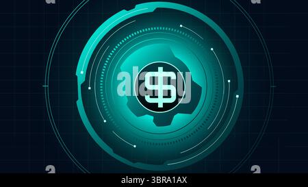 Dollar symbol inside futuristic rotating teal interface expressing power and financial precision Stock Vector