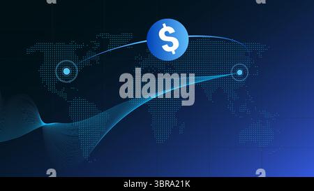 Global digital payment with dollar symbol connecting continents on glowing world map Stock Vector