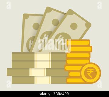 Flat vector illustration of Indian rupee banknotes with stacked gold coins on a solid background Stock Vector