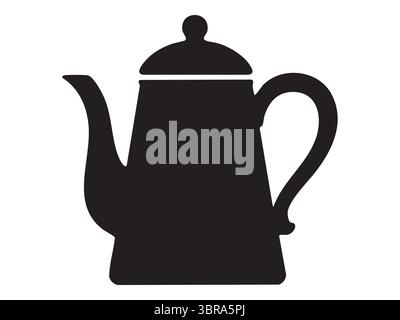 Black silhouette of classic teapot with curved handle, isolated on white background, graphic illustration. concept of tea time, kitchenware, hot bever Stock Vector