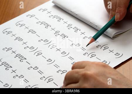 A person focuses on solving math problems with a green pencil, surrounded by notes. Stock Photo