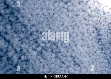 Fluffy clouds float in the bright noon sky, adding to the serene atmosphere. Stock Photo
