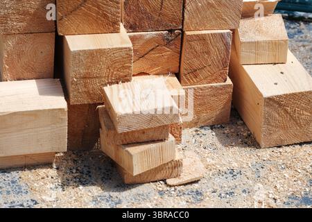 Craftsmen prepare wooden blocks in a workshop, surrounded by fresh wood shavings. Stock Photo