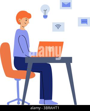 Person employee promotes idea through social networks and messages, internet, launching business. Illustration of young male businessman sitting in of Stock Vector