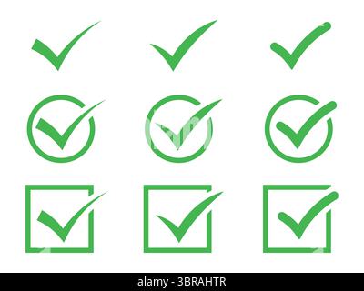 Different shape of green check mark symbol. Quality sign icon, Checklist, Approval, Correct, vote or choose icon for web site, and apps. Stock Vector