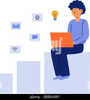 Person employee promotes idea through social networks and messages, internet, launching business. Illustration of young male businessman sitting on pr Stock Vector
