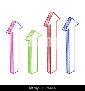 Colorful 3D Upward Arrows Illustration. A dynamic arrangement of four 3D arrows pointing upward, each outlined with vibrant colors. Stock Vector