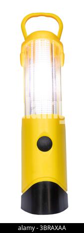 LED lantern that's thin and light enough for backpacking and hiking with the bulbs on with the object isolated on a twhite background. Stock Photo
