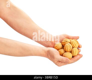 walnut shaped cookies in hand path isolated on white Stock Photo