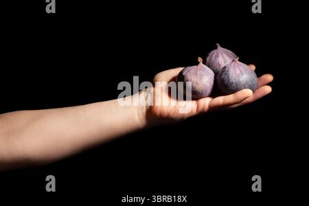 figs in hand on black background Stock Photo